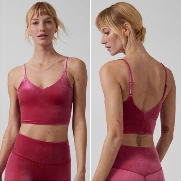 Athleta Elation Velvet V-Neck Longline Bra in Pink Size Large - Picture 1 of 4